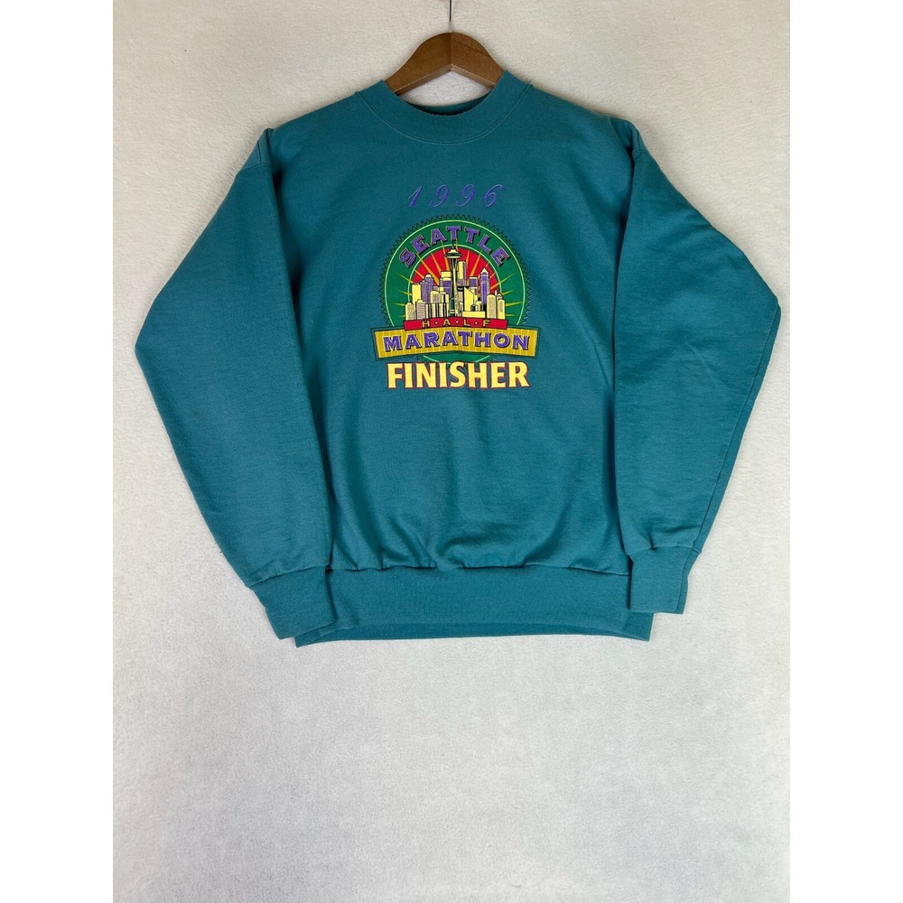 Vintage 1996 Seattle Marathan Finisher Crew Neck Sweatshirt Men's Medium Teal US
